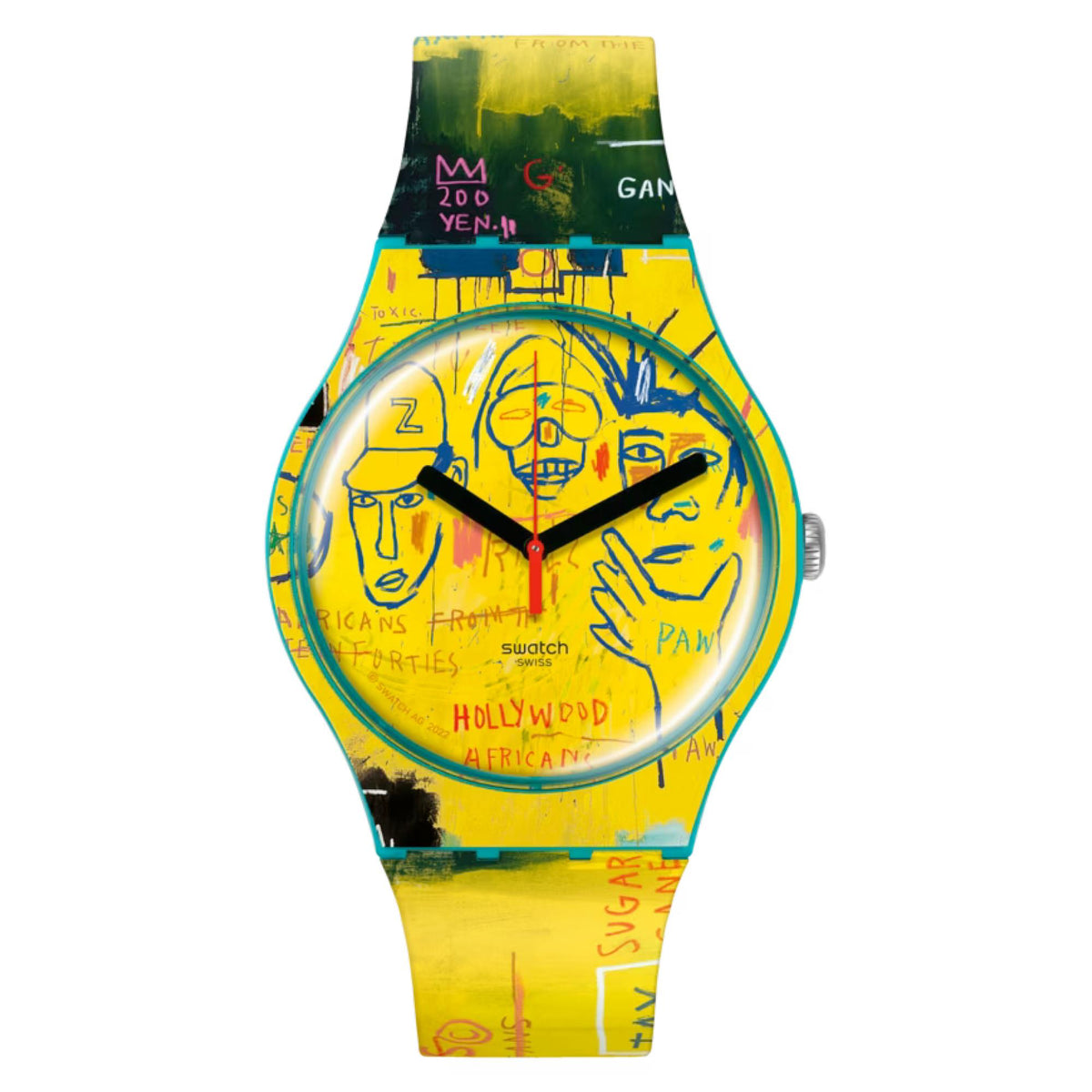 Front view Swatch quartz watch with yellow illustrated strap and round dial