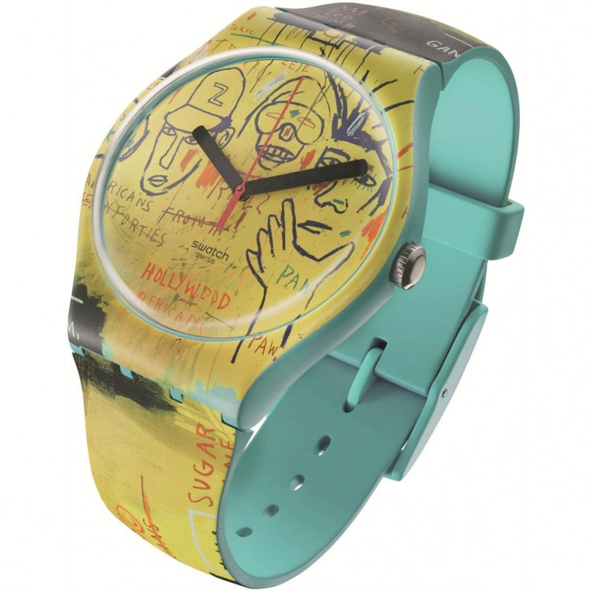 Angled Swatch quartz watch showing teal strap and round dial with black hands