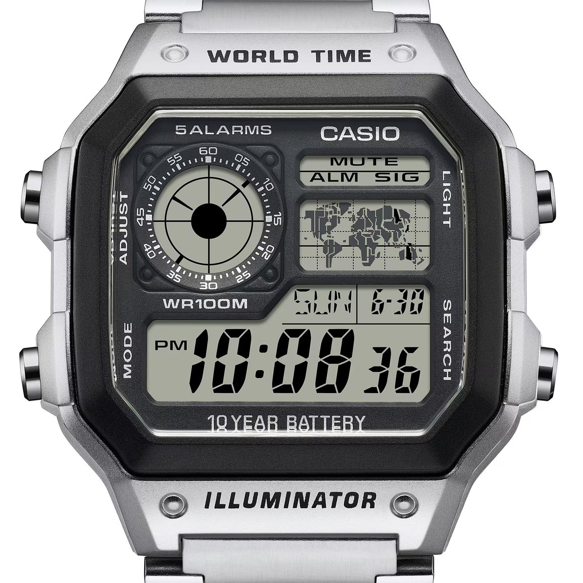 Front view of Casio world time digital watch with silver steel strap and black dial