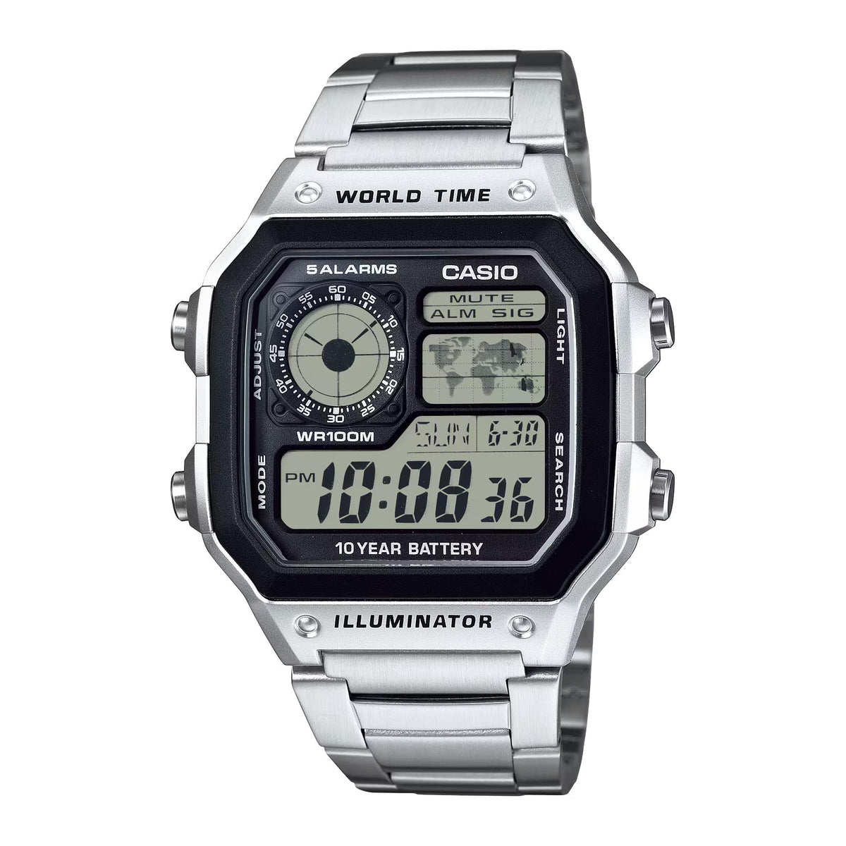 Casio world time digital watch front view with black face, silver steel strap
