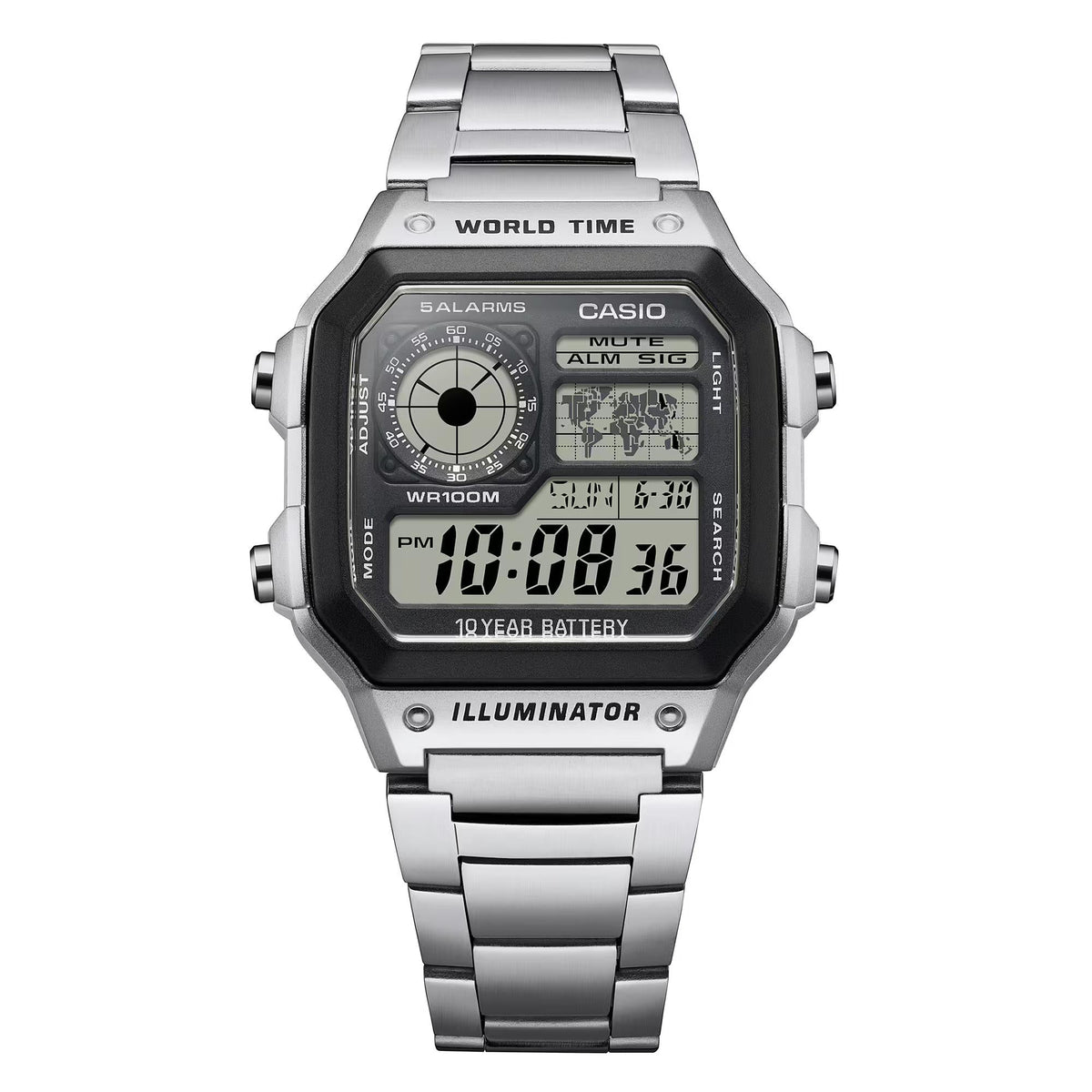 Men's Casio digital world time quartz watch with silver steel bracelet and black face