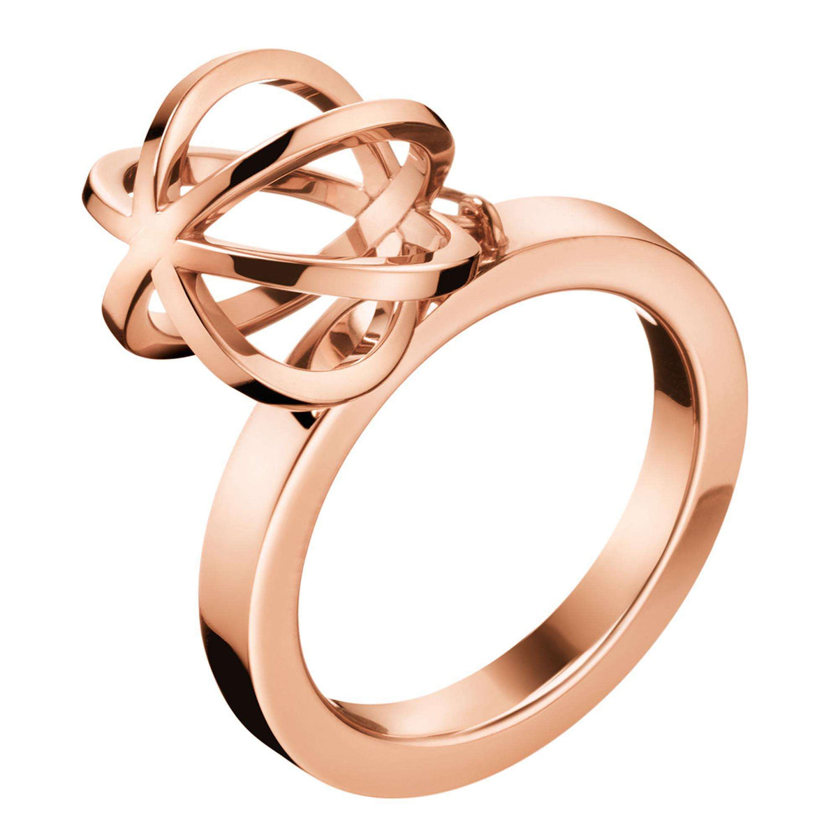 Rose gold show ring with open lattice crown and sleek polished band, medium size