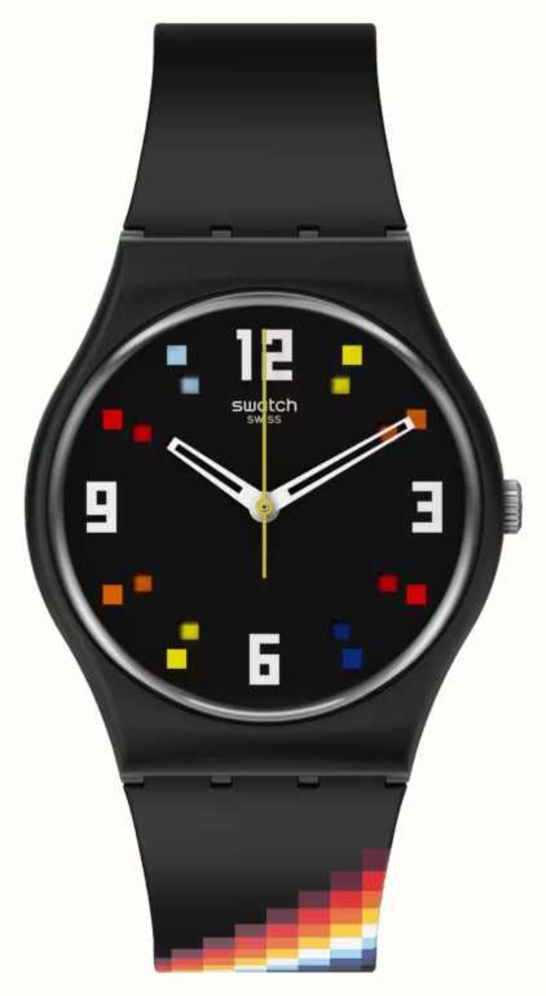Black Swatch wristwatch with multicolor square dial and rainbow stripe on the lower strap.