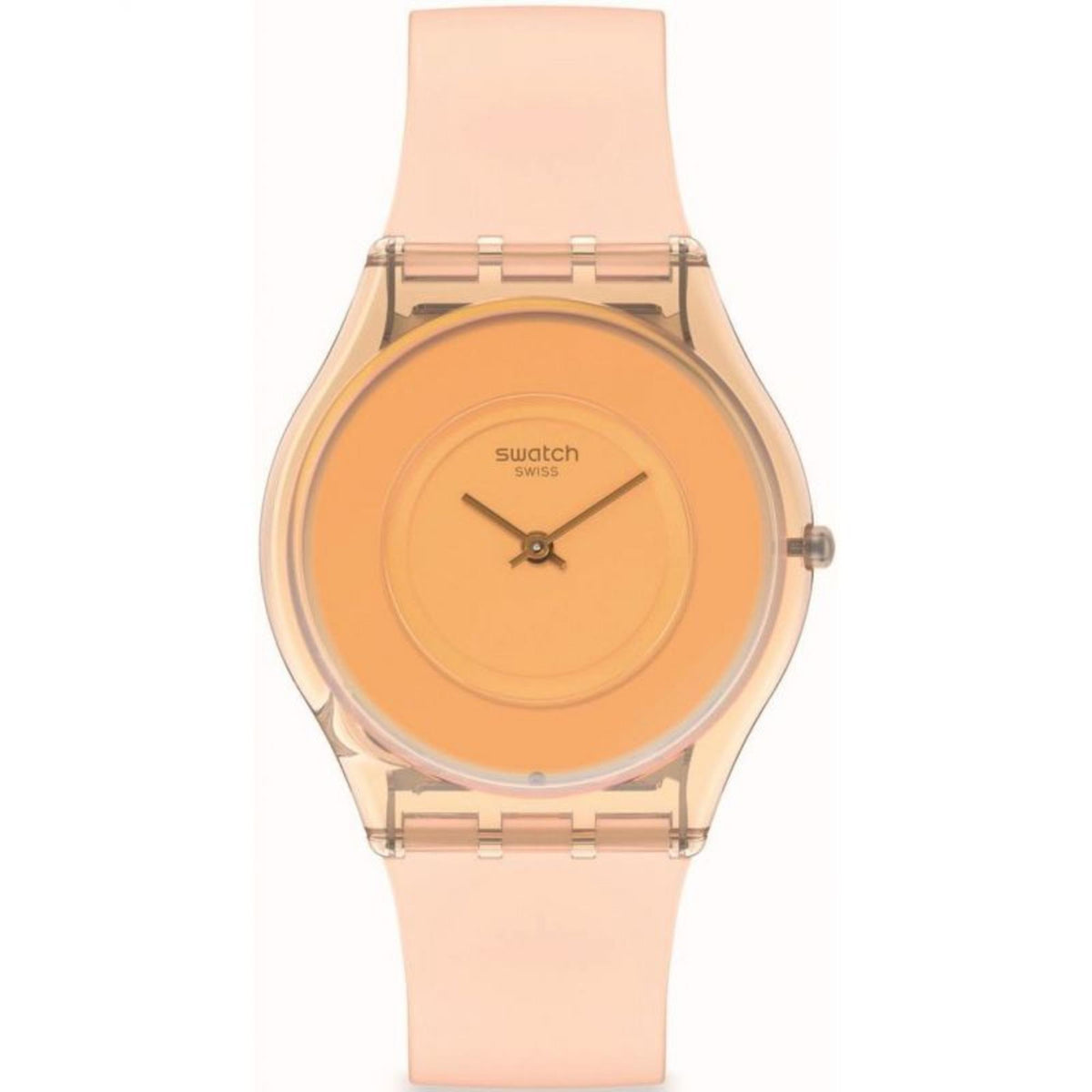 Peachy pink silicone strap watch with orange dial and clear round case, metal crown