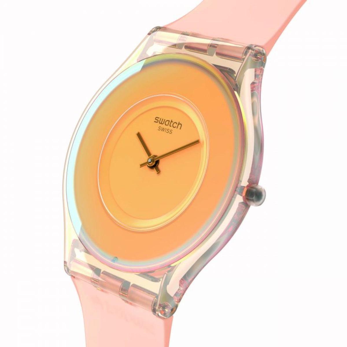 Peachy pink silicone strap watch with orange dial, angled side view showing crown