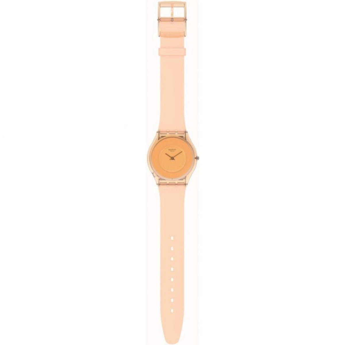 Peachy pink silicone strap watch with orange dial, minimalist markers, slim round case