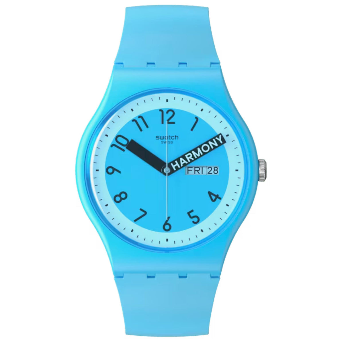 Blue quartz wristwatch front view with blue dial, bold hour markers, and 'ERI 28'.