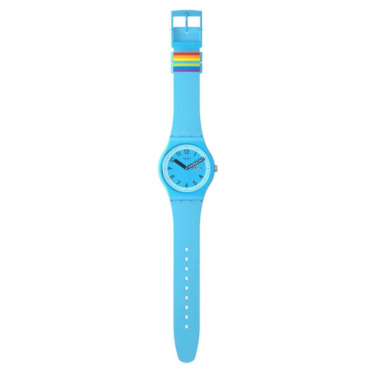 Blue quartz wristwatch with silicone strap and multicolor rainbow stripe accents at top.