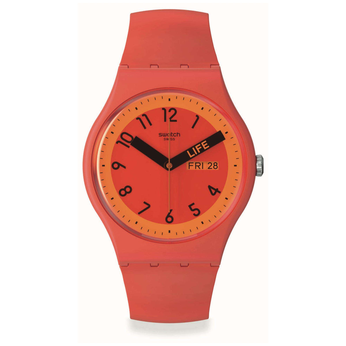 Red unisex quartz watch with orange-red dial, black numerals, and day/date display.