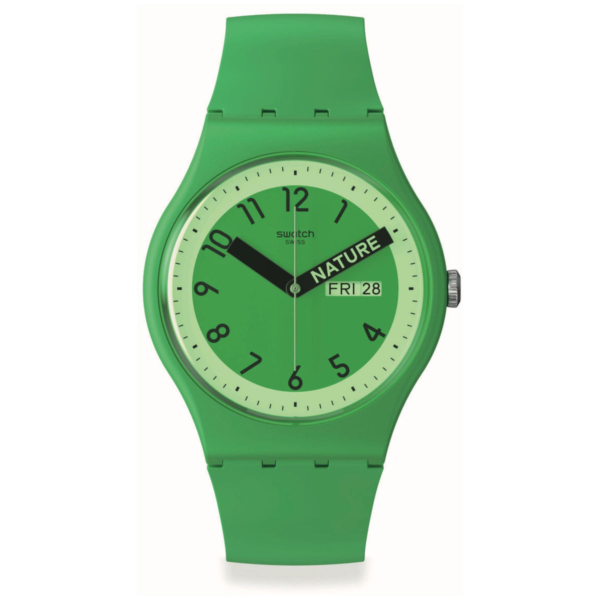 Green quartz wristwatch with round dial, numeric markers, and green silicone strap