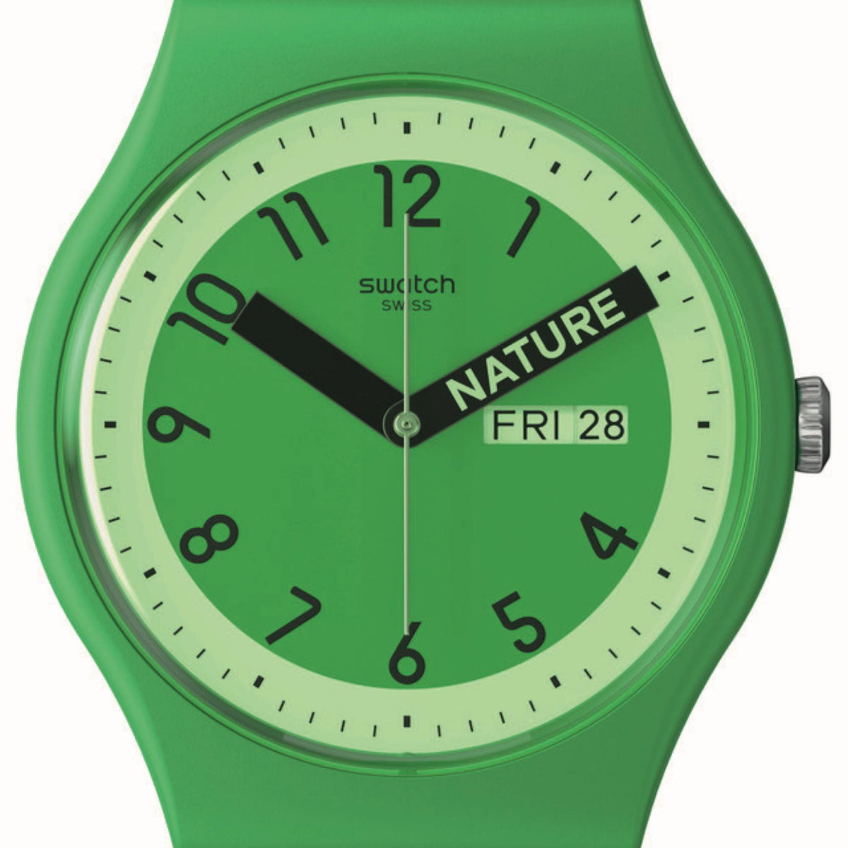 Green quartz wristwatch dial with black hands, hour markers, and date window