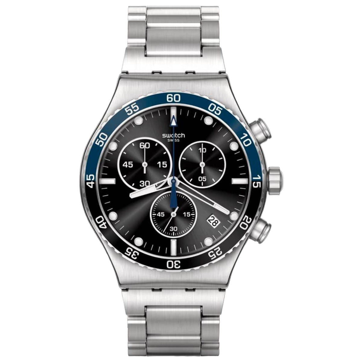 Quartz bracelet watch with silver metal strap, black dial, blue bezel, date display and subdials