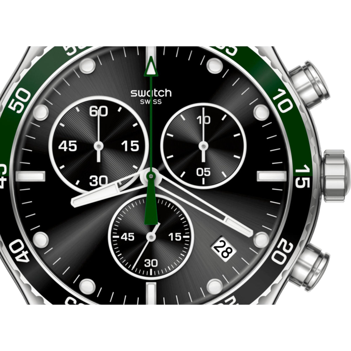 Wristwatch dial detail with dark background, green markers, and three circular subdials