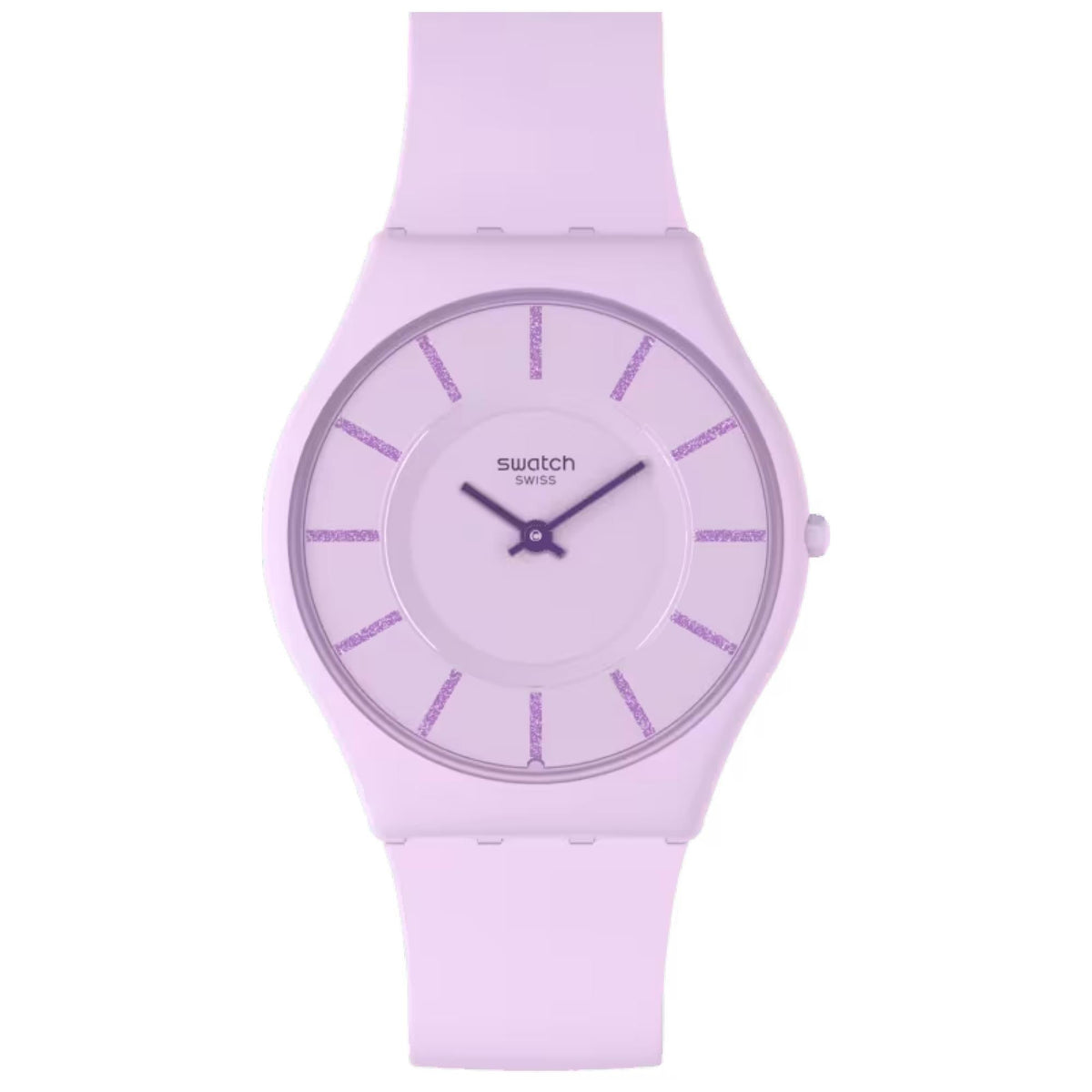 Front view of ladies violet quartz watch with lilac silicone strap and purple bezel