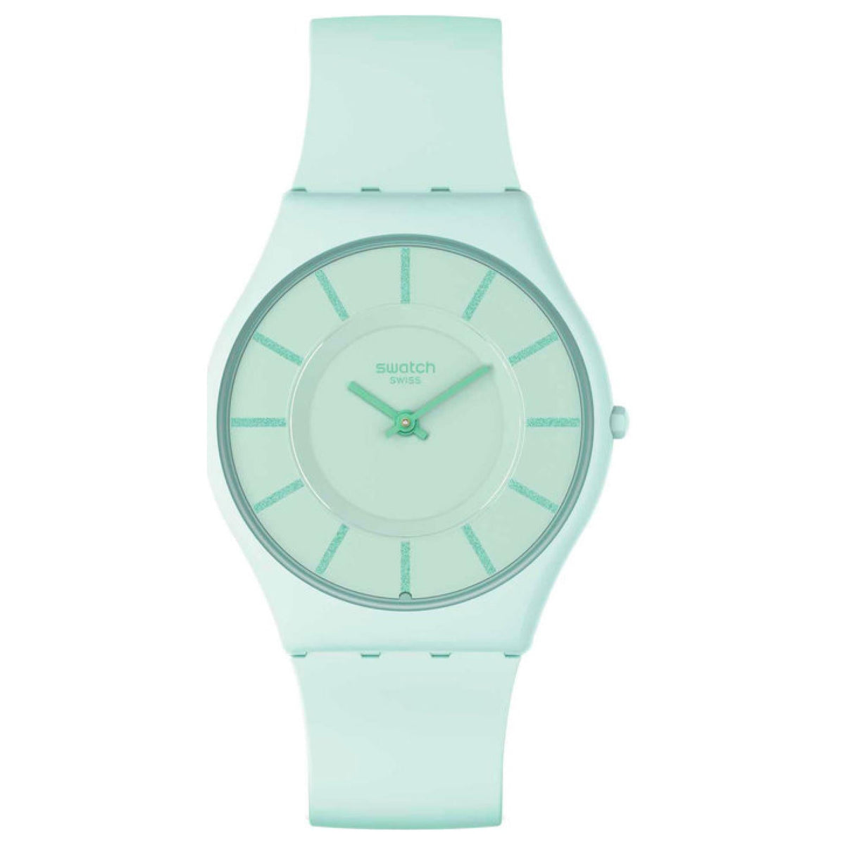 Turquoise wristwatch front view with green hands and round light dial