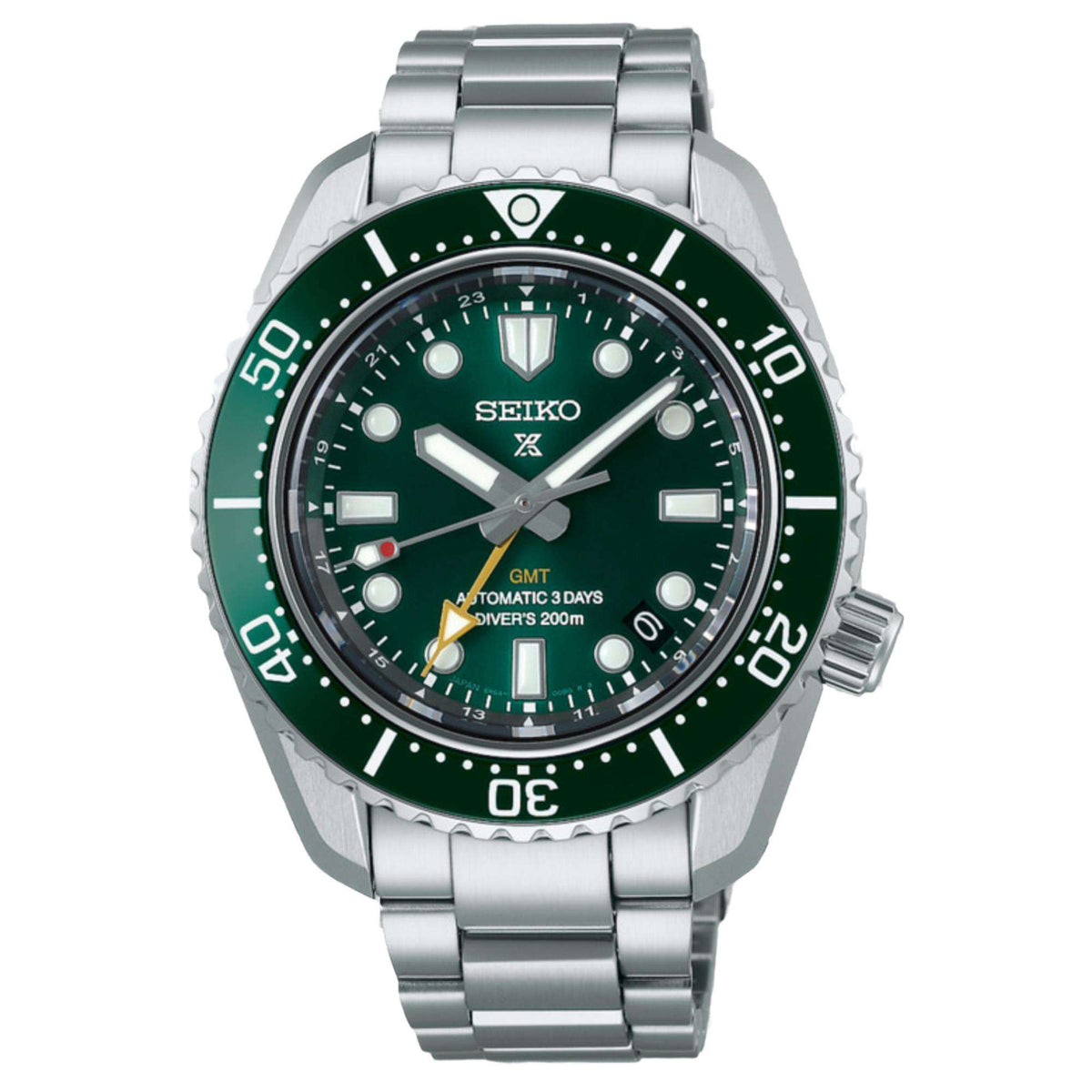 Seiko Prospex GMT diver watch with dark green dial, steel case, and stainless bracelet