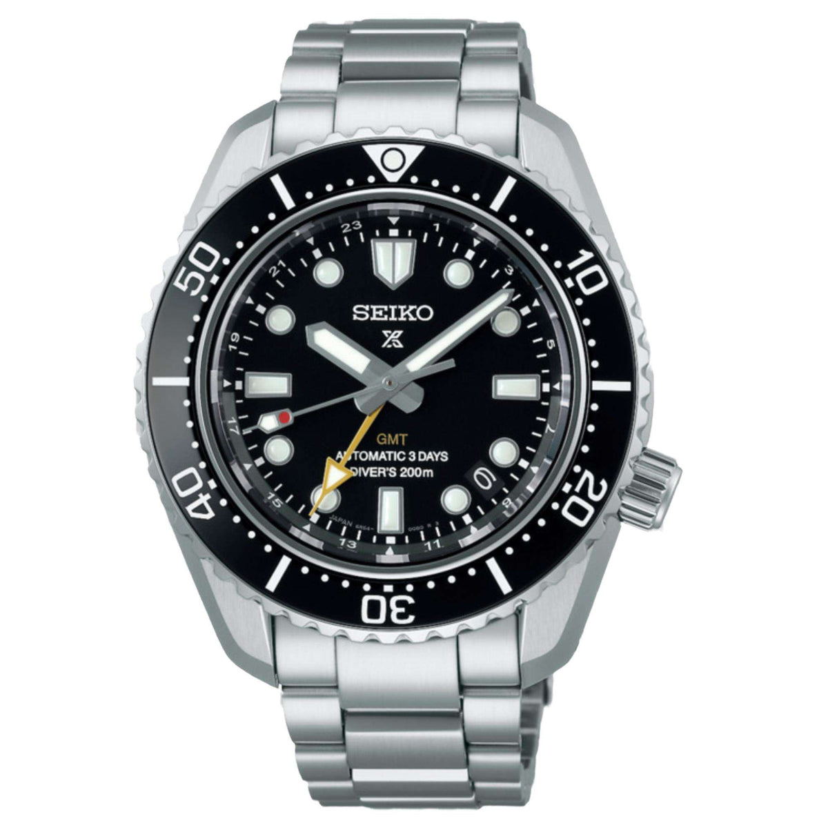 Stainless steel diver watch with black dial, GMT hands, and rotating bezel