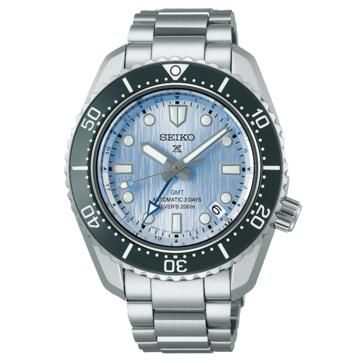 Men's steel wristwatch with blue dial and black bezel, GMT/3-day diver design