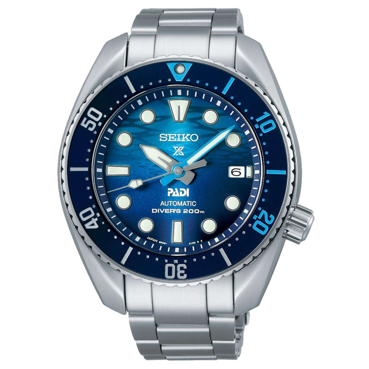 Front view of the Seiko Prospex 'Great Blue' Sumo PADI SPB375J1 watch, featuring blue dial, rotating bezel, and a stainless steel bracelet.