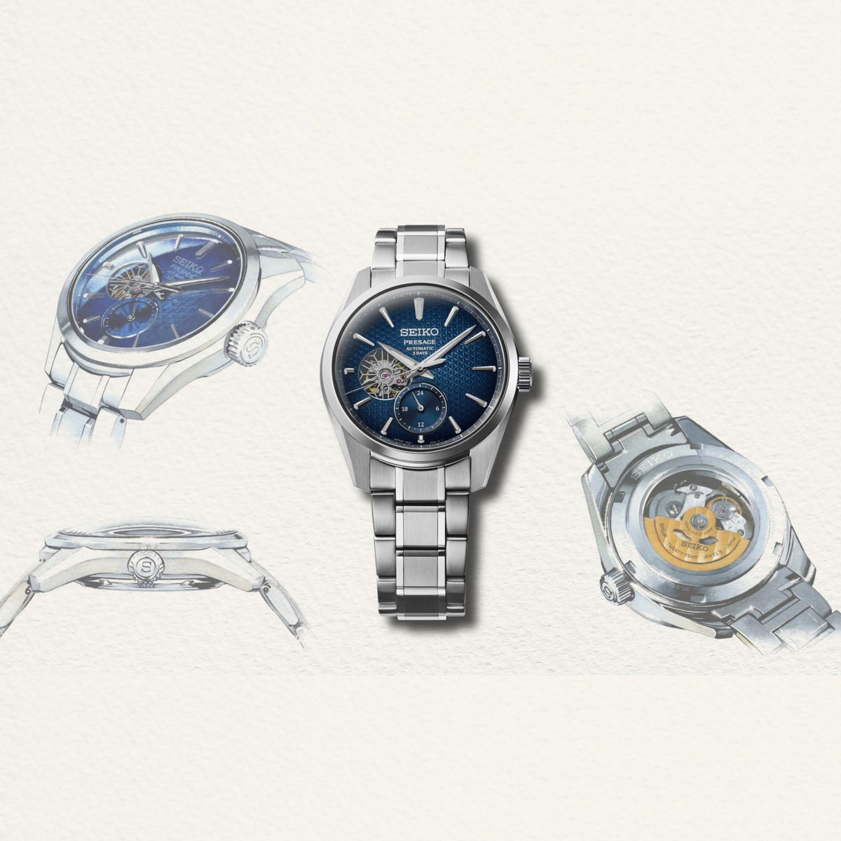 Seiko Presage watch product views: blue dial front, stainless bracelet, and open caseback