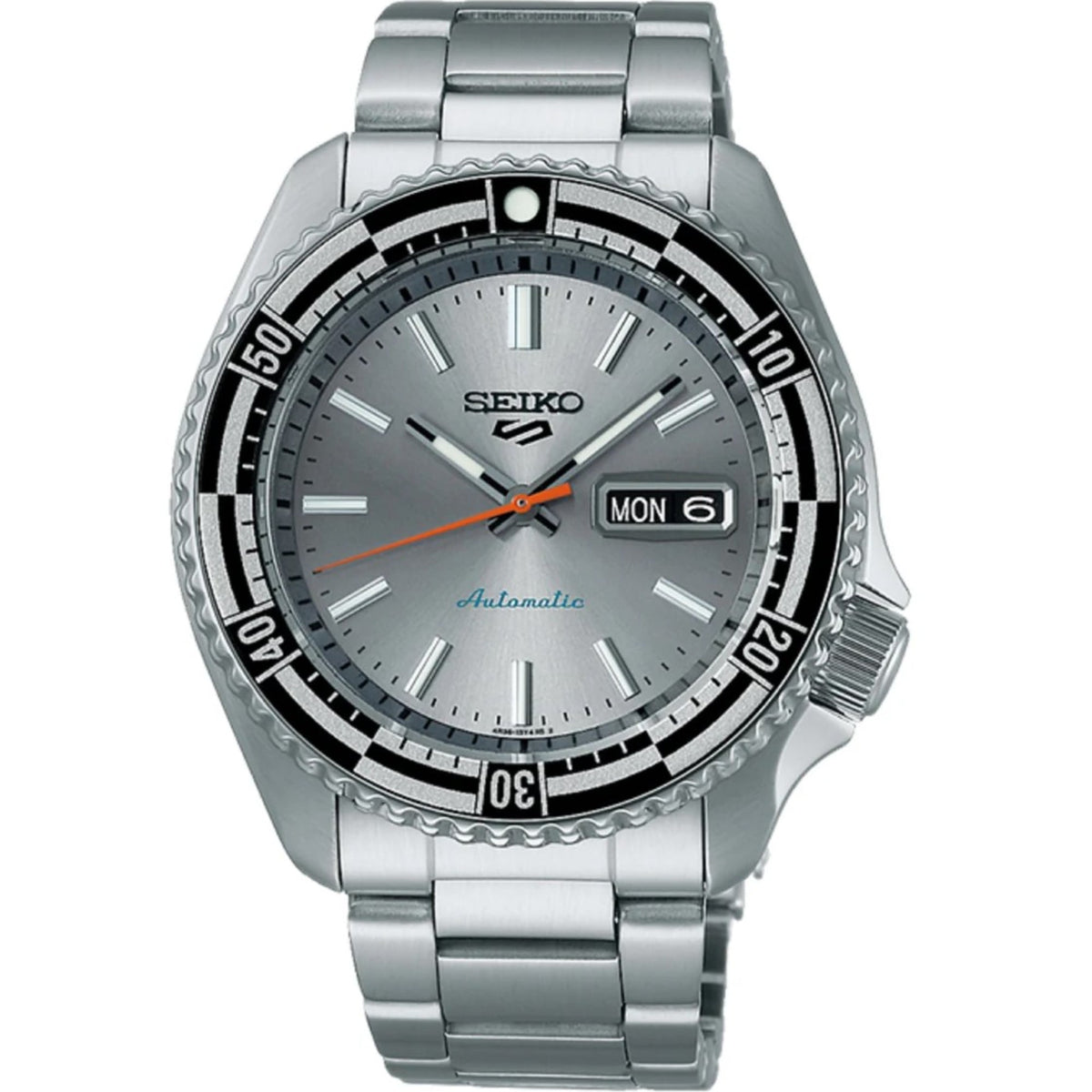 Seiko 5 Sports automatic men’s watch with silver dial, black bezel ring, and MON day/date