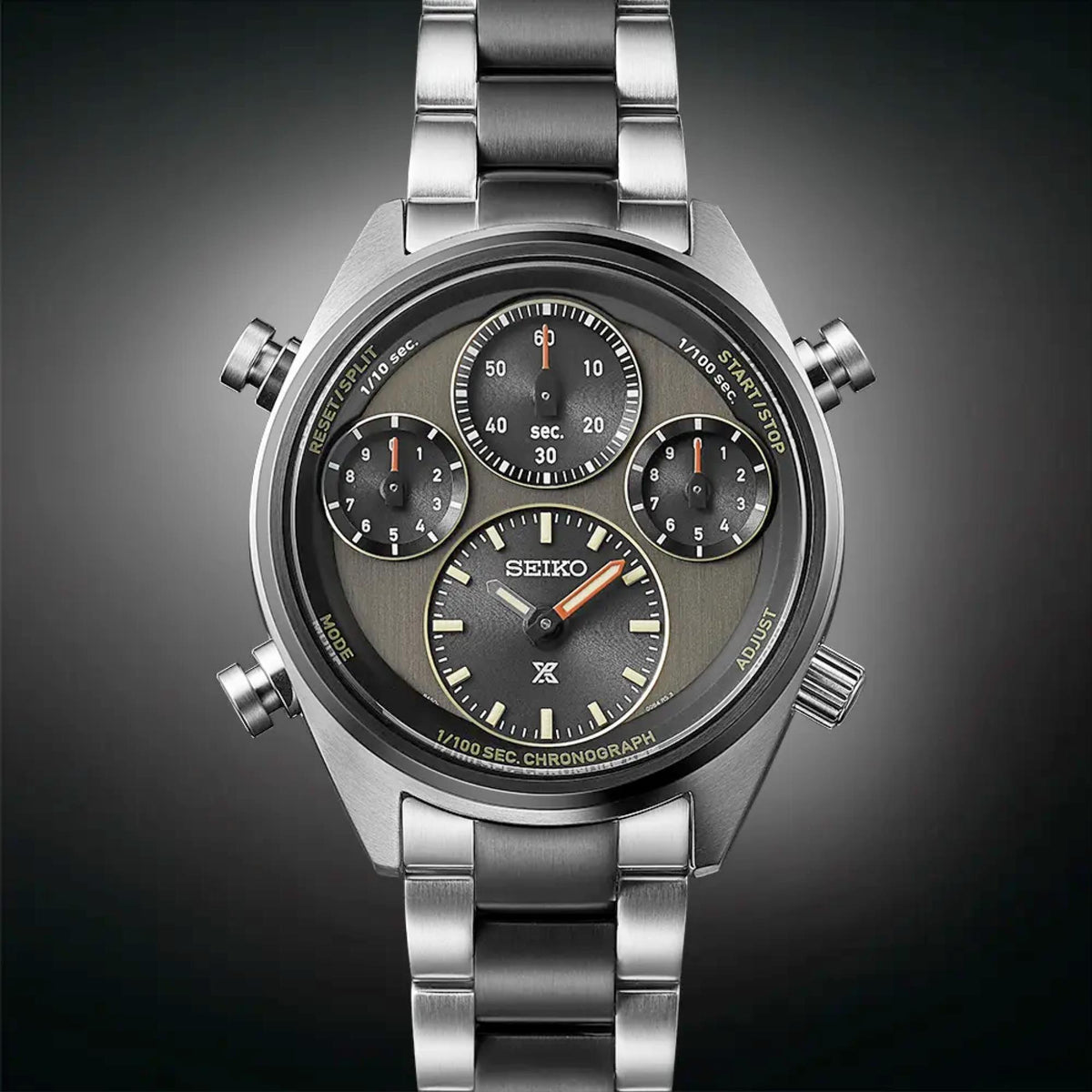 Stainless steel chronograph watch on angled view, dark khaki dial with three subdials