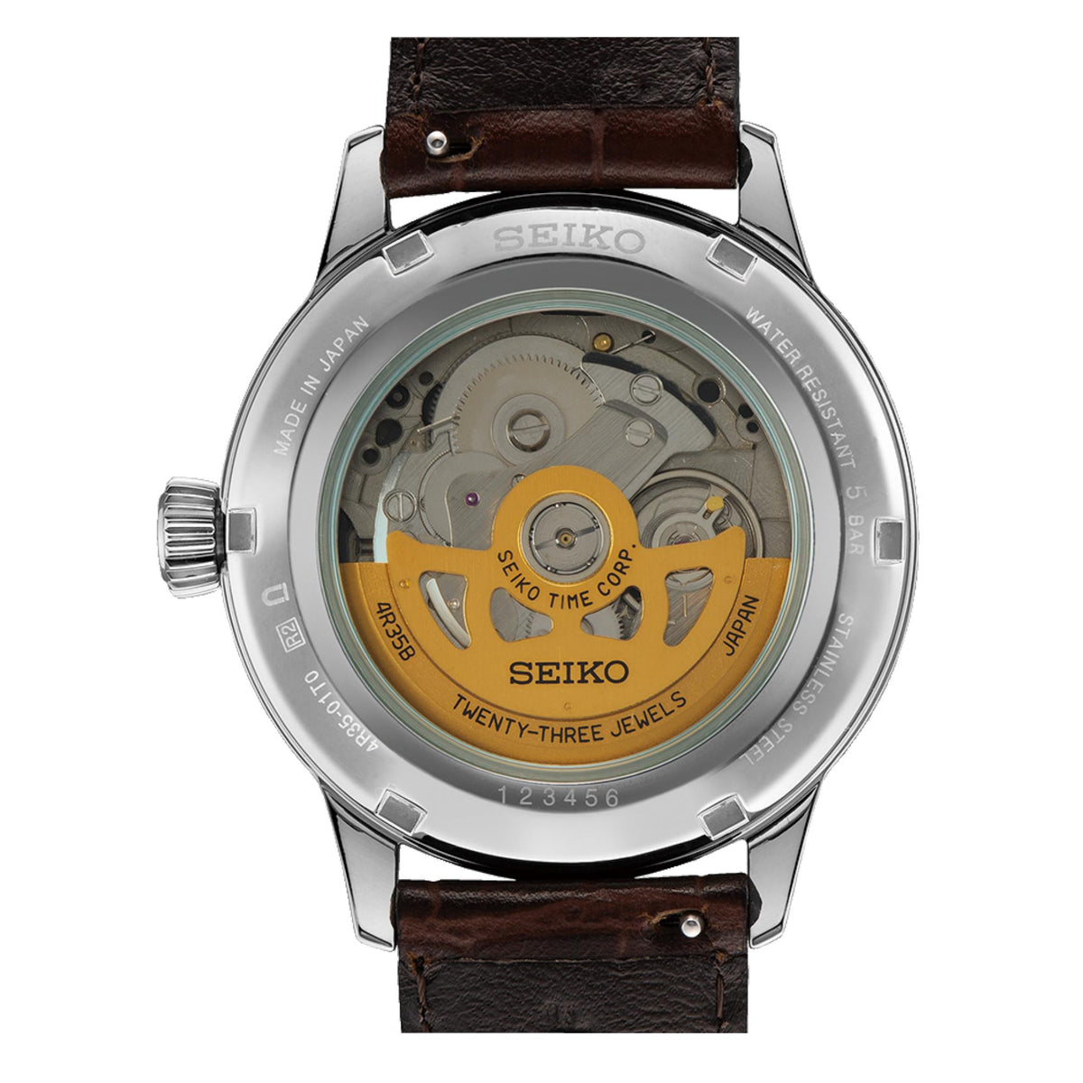 Men's automatic watch with visible caseback mechanism and brown leather strap.