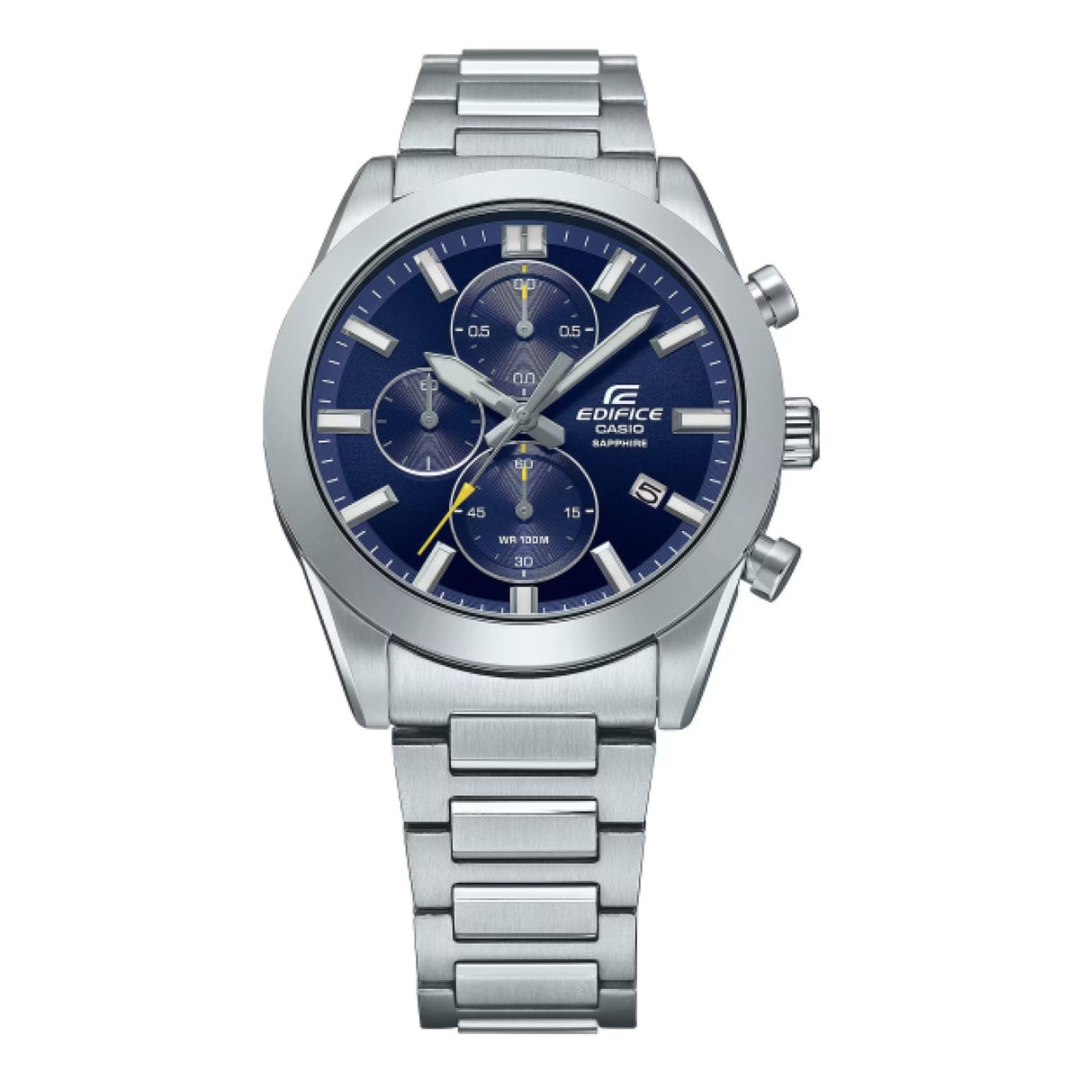 Men's Casio Edifice chronograph watch, blue dial, stainless steel bracelet, crown at right