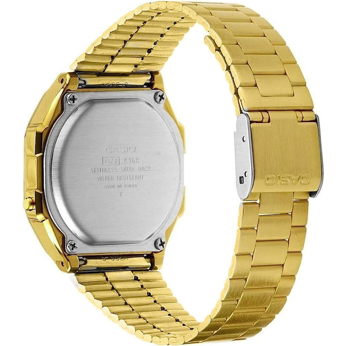 Gold-tone digital watch showing stainless steel case back and metal link bracelet