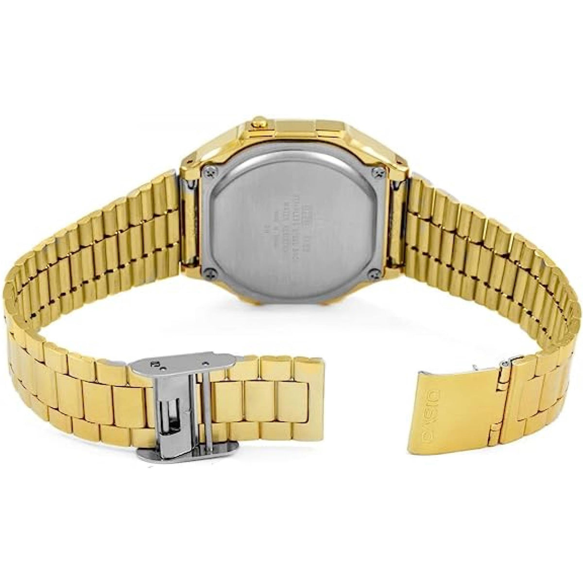 Gold-tone metal link watch with clasp and rectangular silver case back