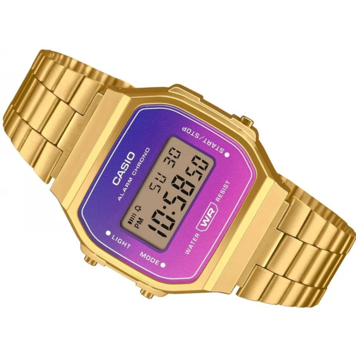 Gold-tone digital watch angled view with purple dial and LCD time display