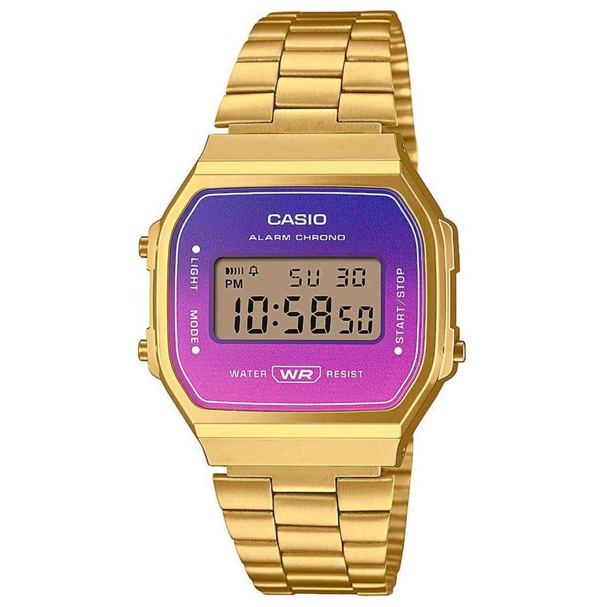 Gold-tone digital watch with purple rectangular dial and metal link bracelet