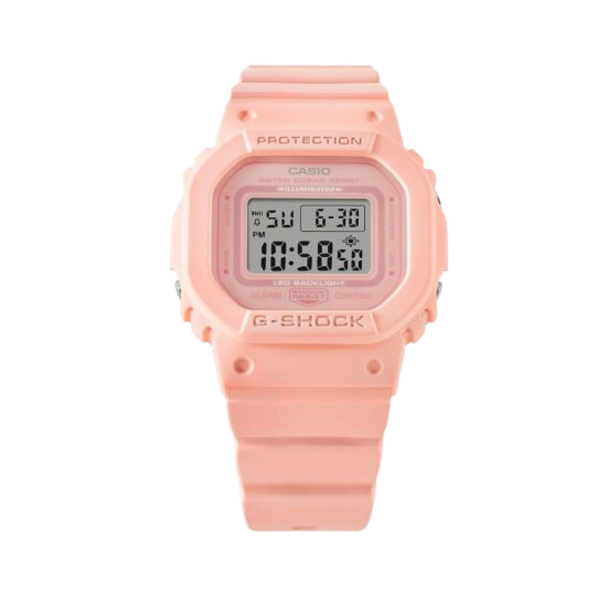 Pink G-Shock digital quartz watch with square LCD display and textured resin strap