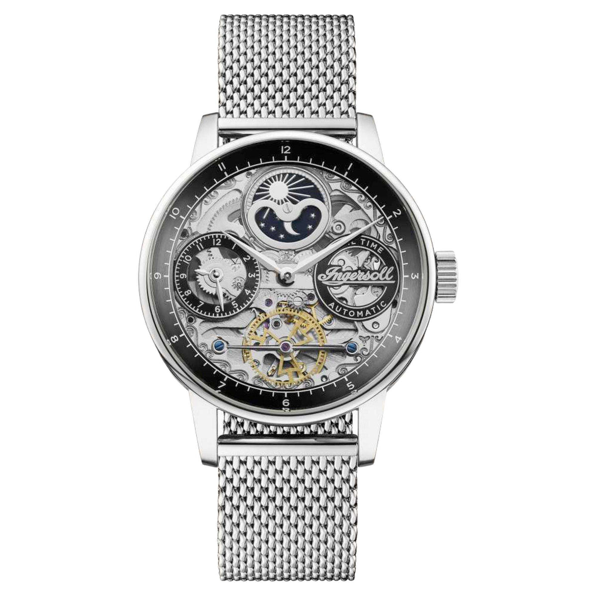 Full front view of men's automatic skeleton watch, black dial, silver steel mesh strap