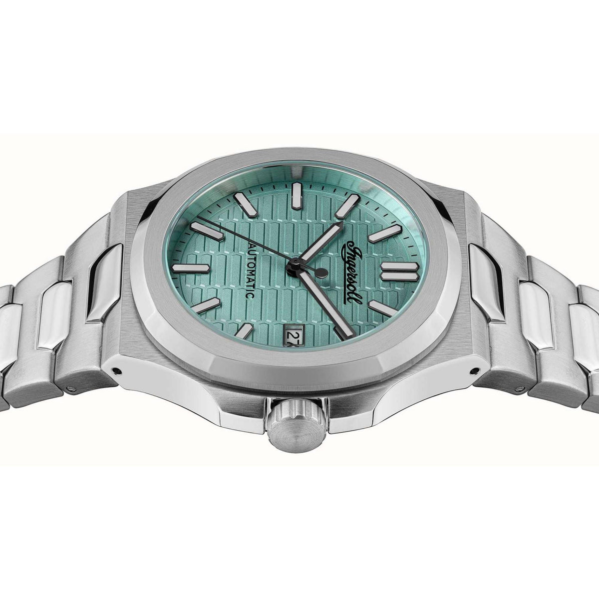 Men's Ingersoll automatic watch angled view on steel bracelet, turquoise dial and baton markers