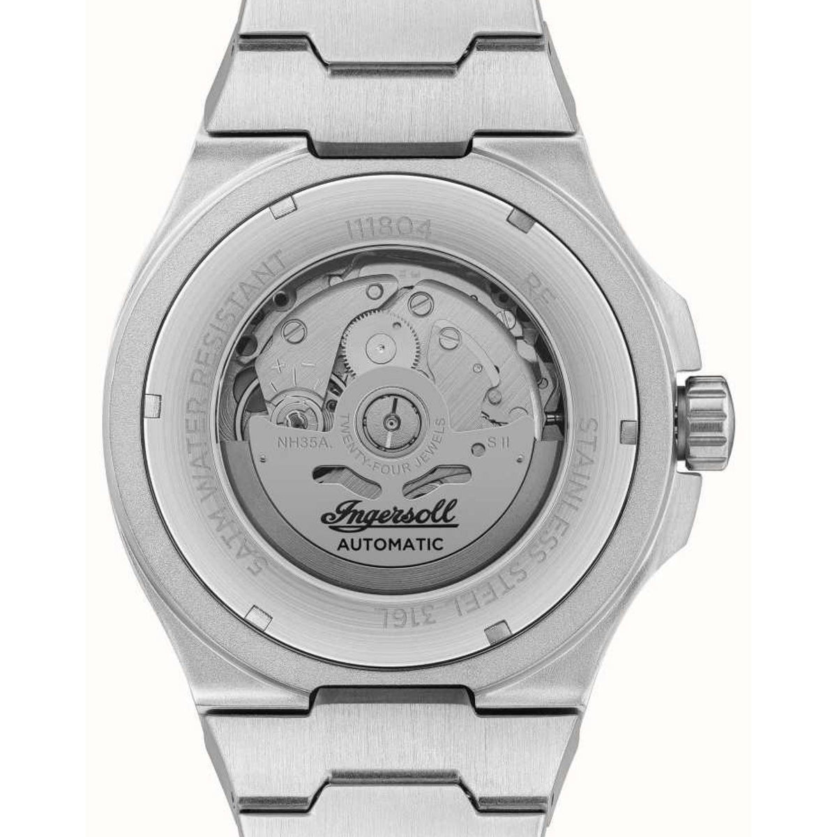 Men's Ingersoll automatic watch caseback in steel with engraved AUTOMATIC label and movement parts
