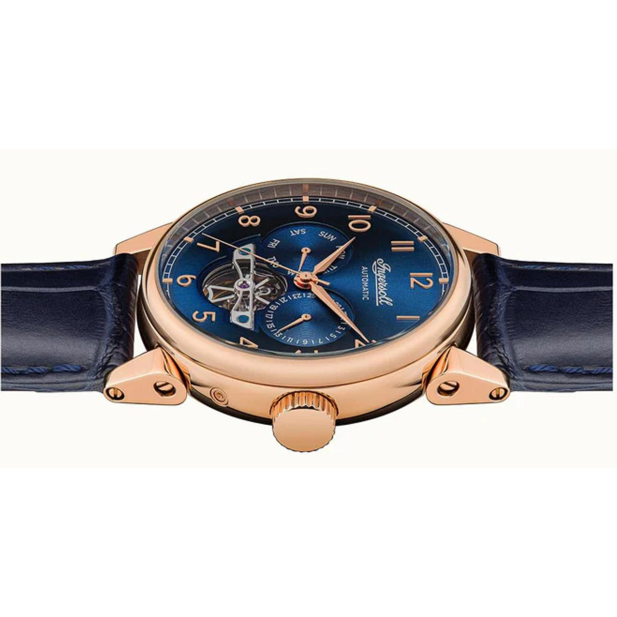 Automatic gents watch with blue dial, rose-gold case, blue leather strap and crown