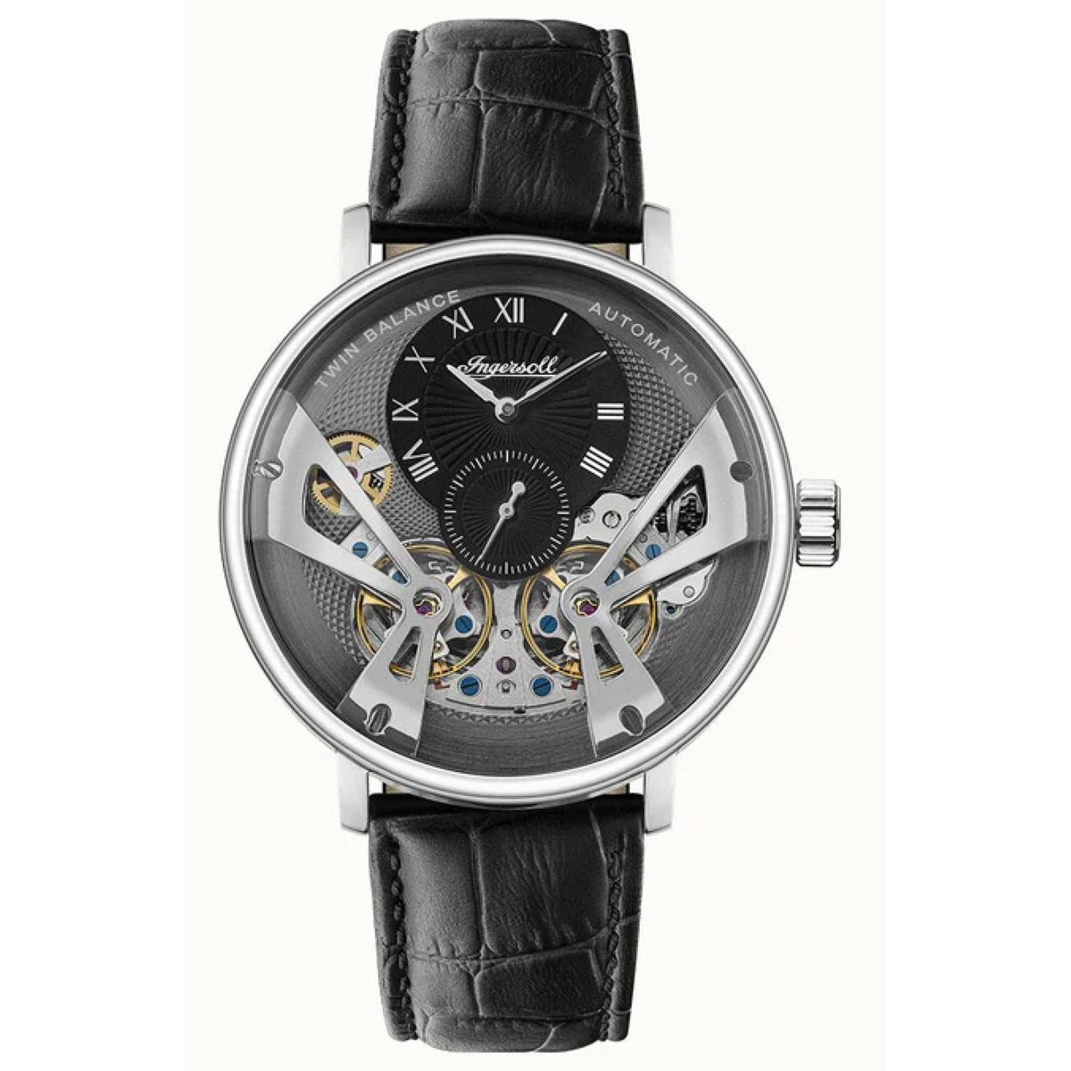 Ingersoll automatic men’s watch with black dial, Roman numerals, exposed movement, black leather strap