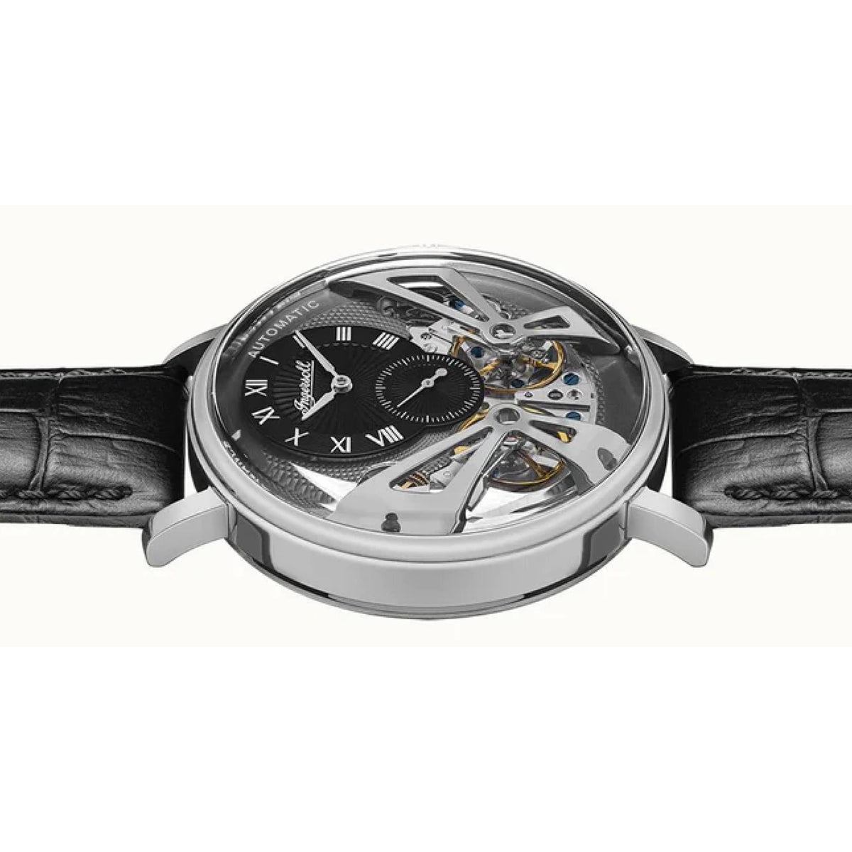 Men's automatic skeleton watch on black leather strap, grey dial with Roman numerals