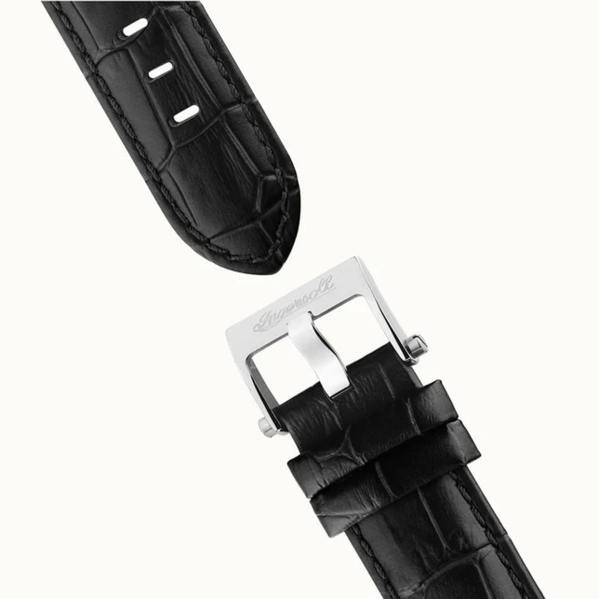 Black leather watch strap with metal buckle clasp and stitched end