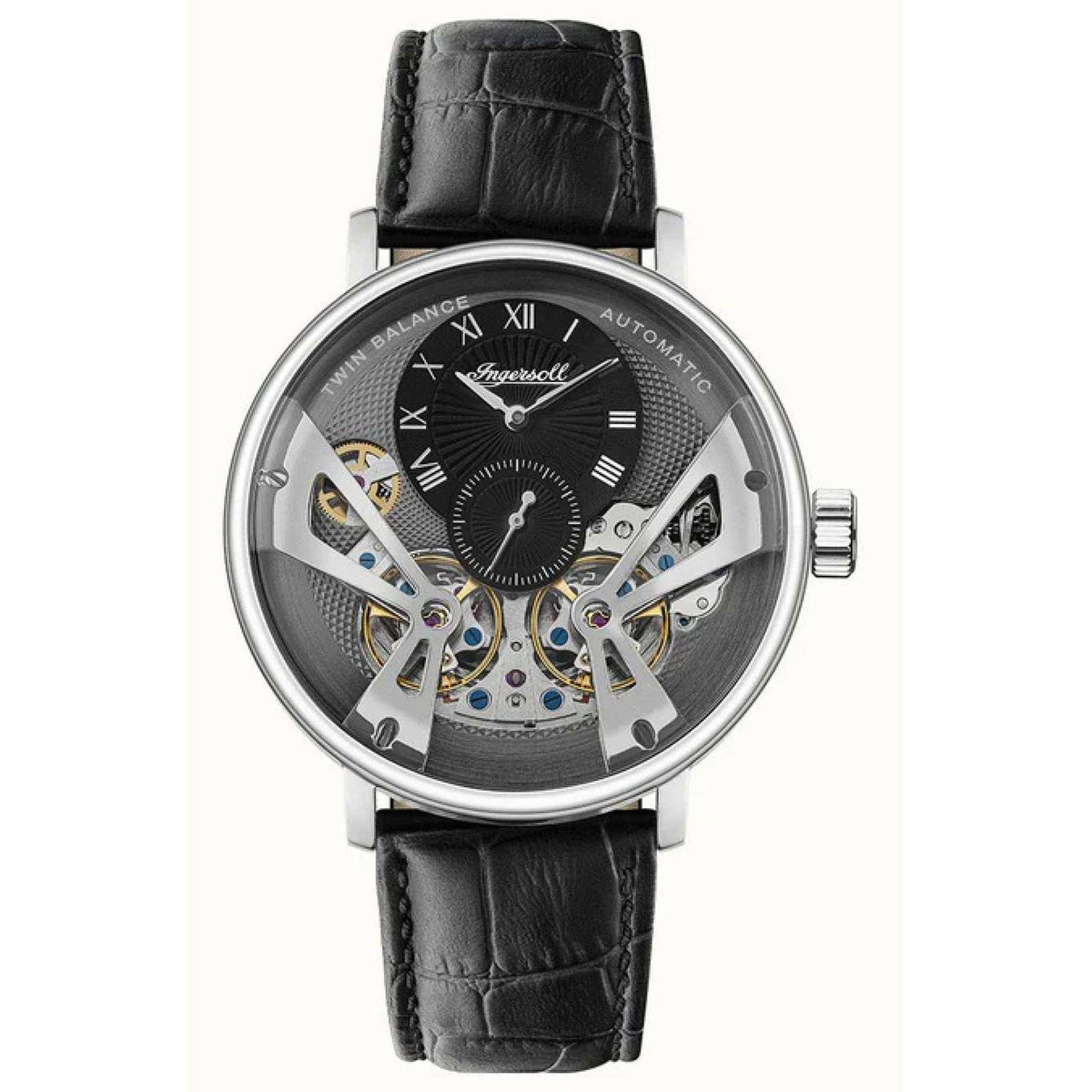 Ingersoll automatic men’s watch front view with black dial and skeleton movement, black leather strap