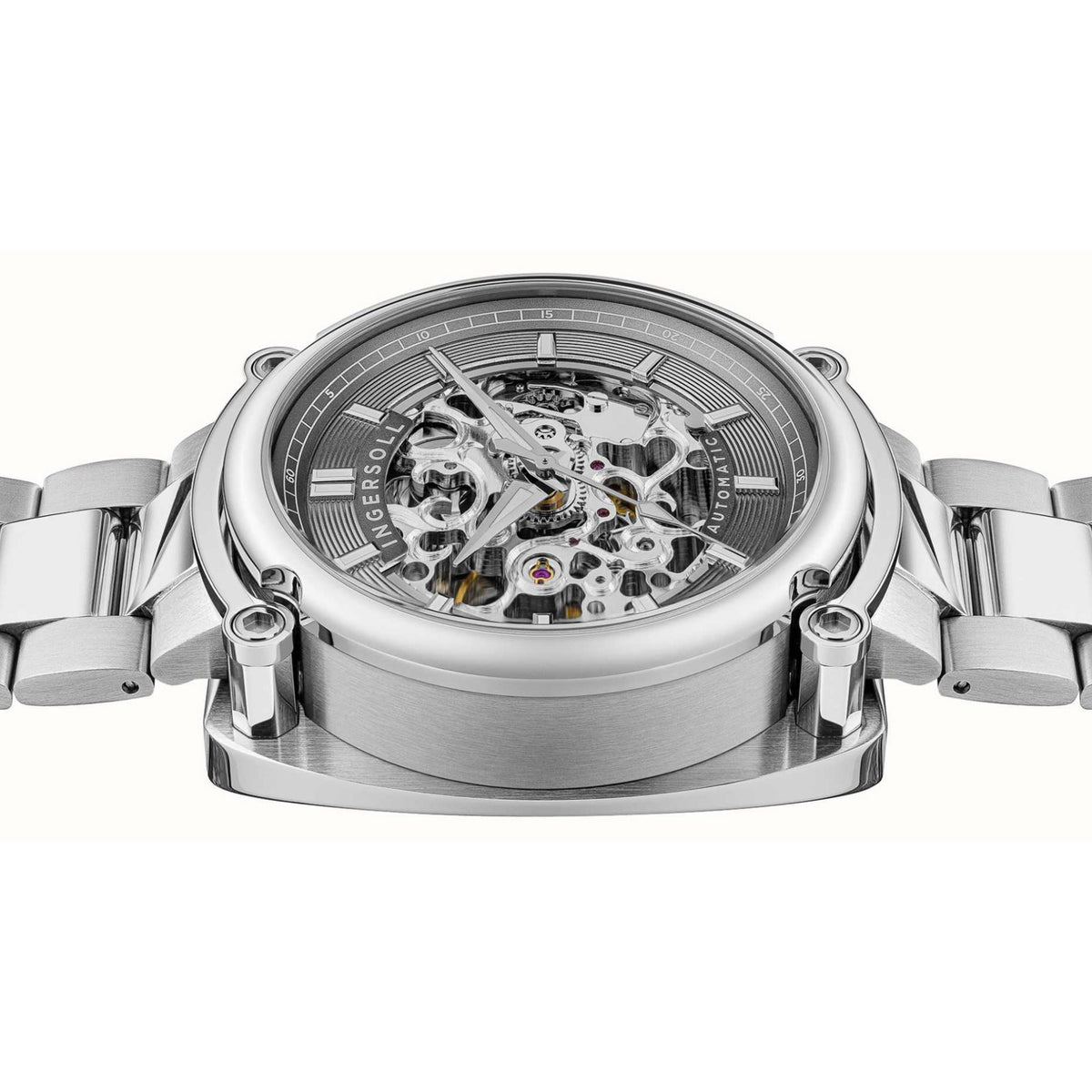 Men's automatic watch back showing mechanical movement and gears, silver case