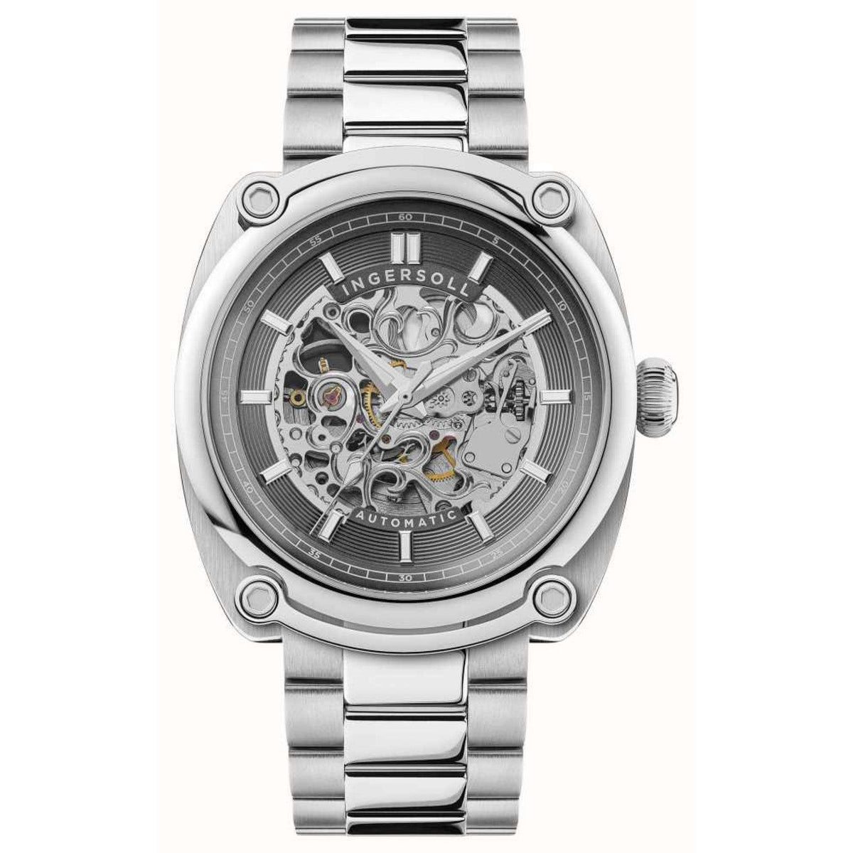 Men's automatic watch grey dial with skeleton-style movement, silver bracelet, front