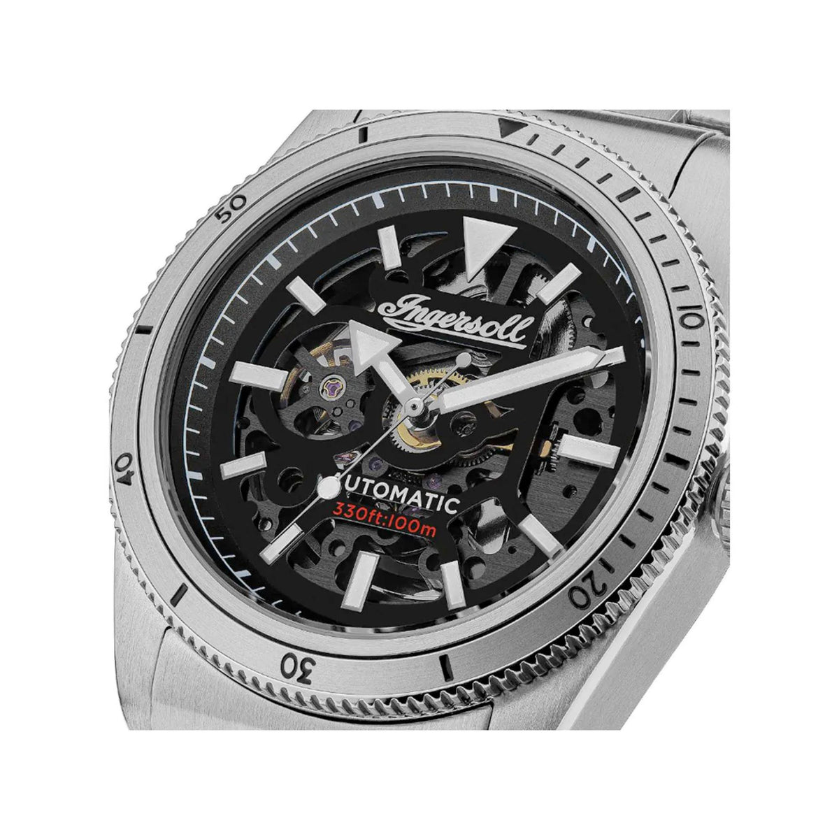 Men's automatic watch close-up of black dial skeleton movement with silver hands