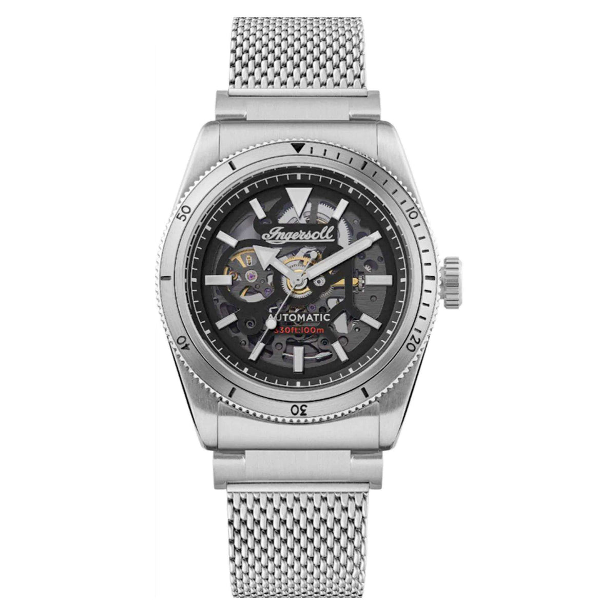 Men's automatic wristwatch with black skeleton dial showing the mechanism and steel mesh strap