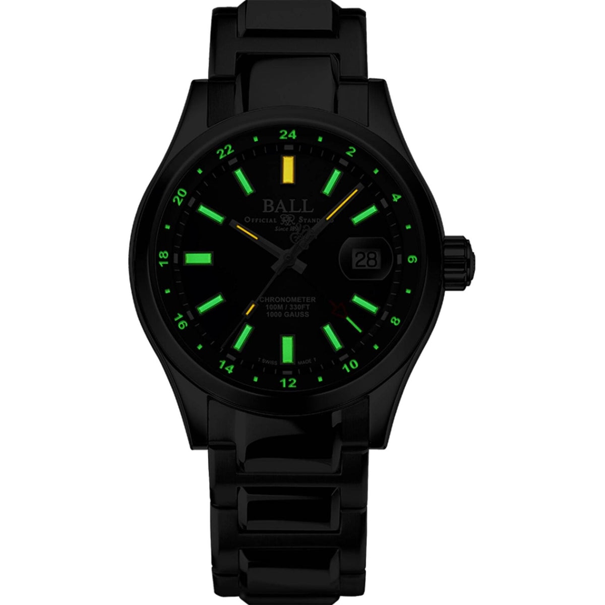 Black men's watch with green glow markers, chronograph-style hands, and date window