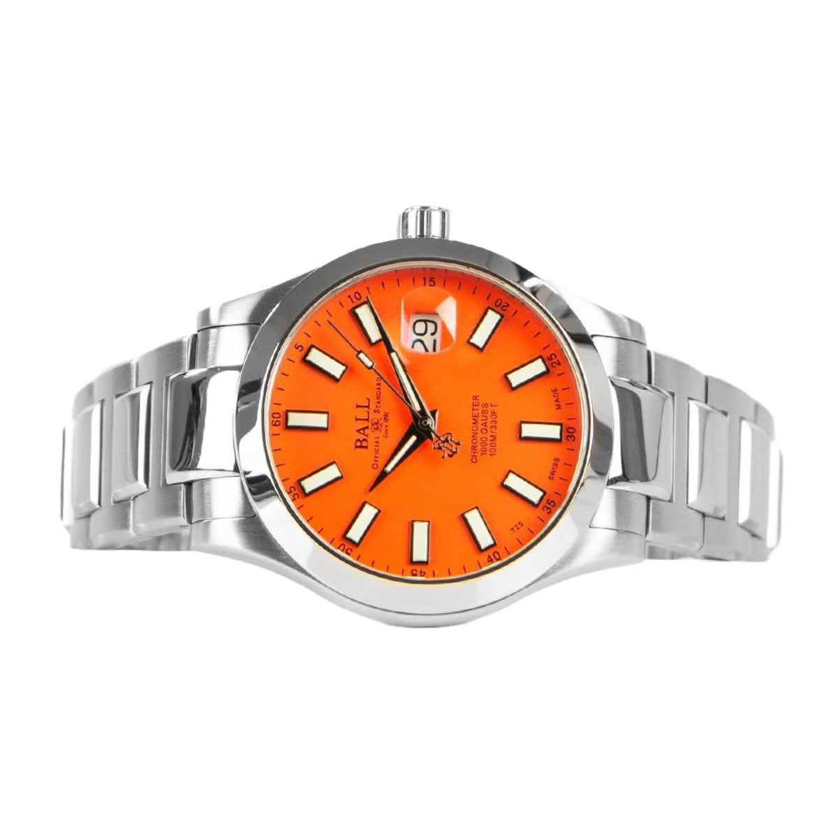 Men's stainless steel automatic watch with bright orange dial and linked bracelet