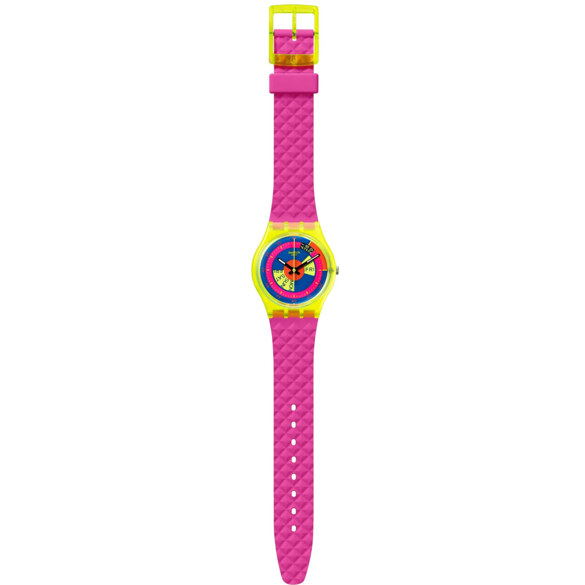 Swatch neon ladies watch with pink textured strap and rainbow dial, yellow case