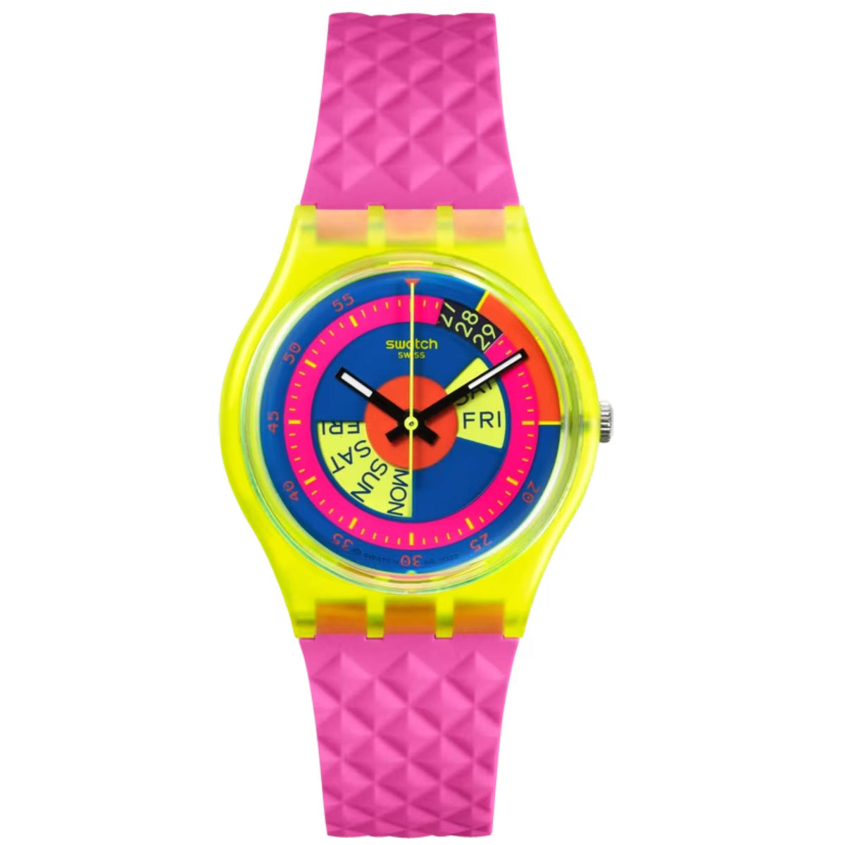 Swatch neon ladies watch front: pink textured strap and multicolor rainbow dial