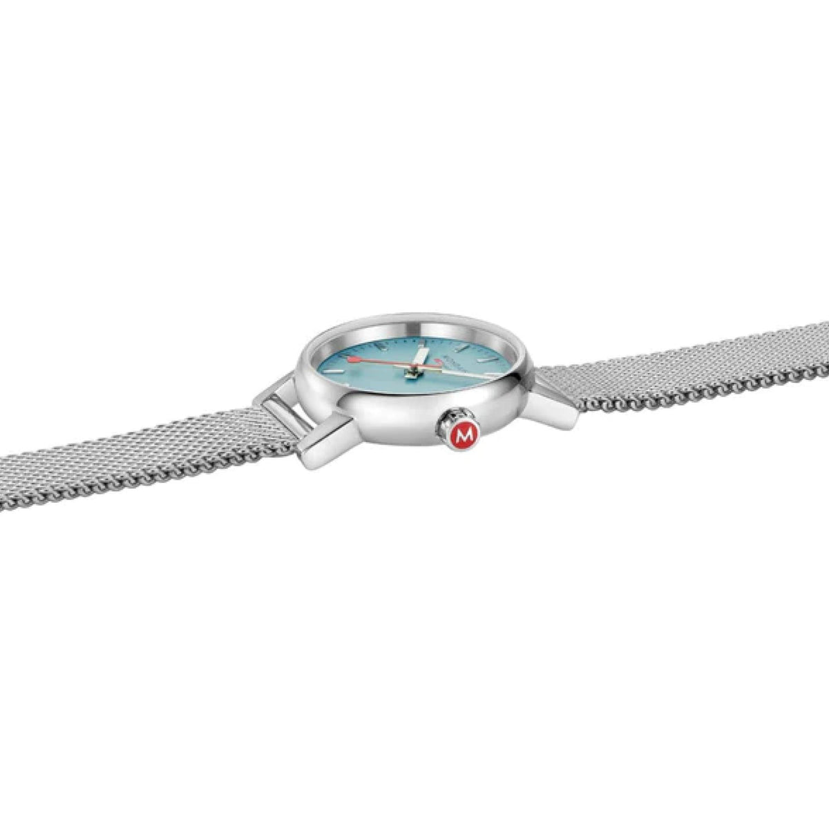 Stainless steel watch bracelet with light blue dial and clasp
